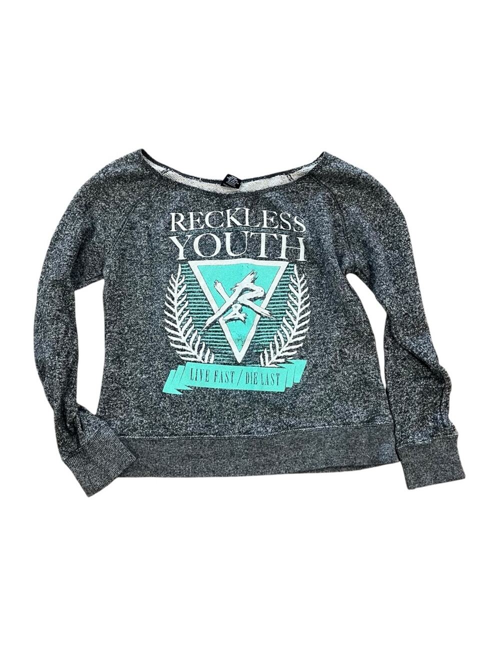Young & Reckless Sweatshirt Women Size Medium Wide Neck Off Shoulder Gray Rugged